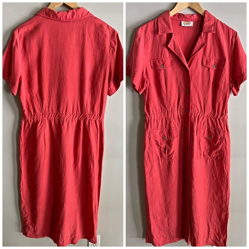 Talbots Linen Blend Shirt-Dress With Pockets Short Sleeve Red Rustic M-L